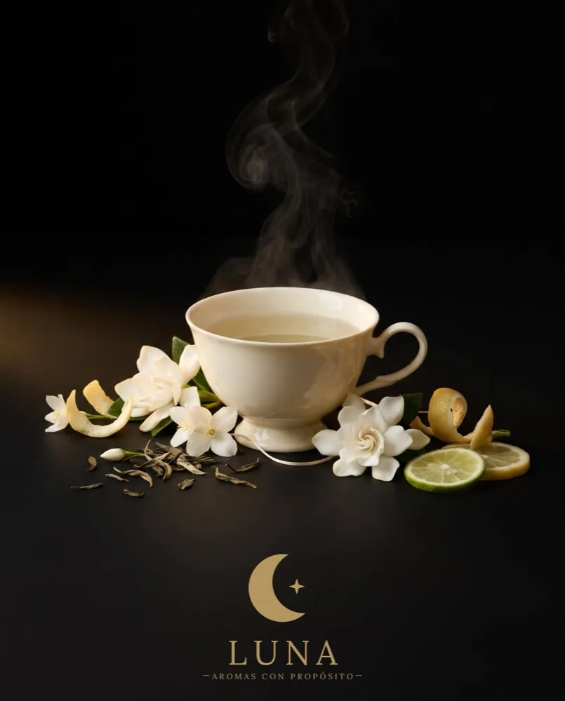 Té verde y flores claras que representan acordes limpios