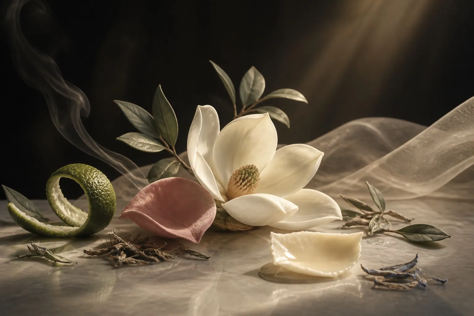 Magnolia, hojas y cítricos bajo la luz de primavera